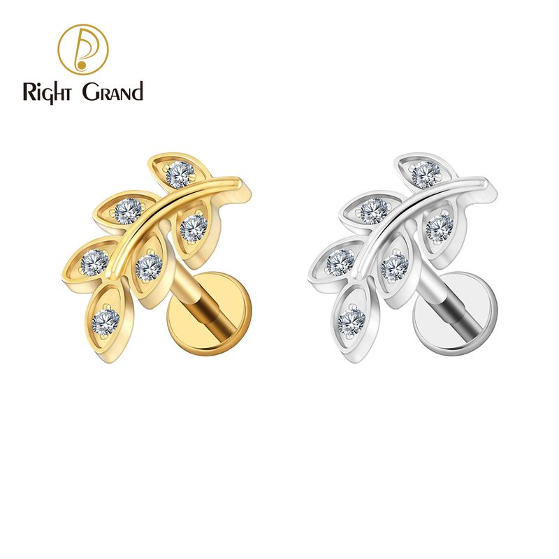 Right Grand  ASTM F136 Titanium 16G Internal Thread Leaf CZ Labret Tragus Cartilage Conch Forward Helix Stud Nose Piercing