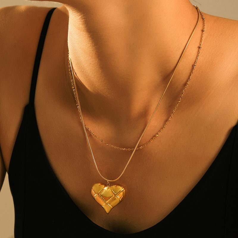 Right Grand Dainty Women Jewelry Chunky Stainless Steel Double Layered 18K Gold Plated Big Love Heart Pendant Necklace