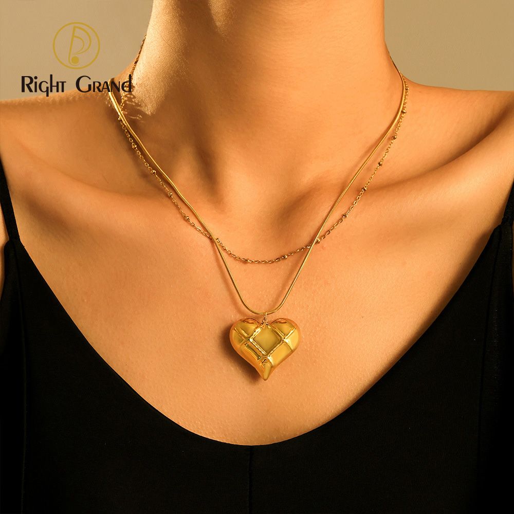 Right Grand Dainty Women Jewelry Chunky Stainless Steel Double Layered 18K Gold Plated Big Love Heart Pendant Necklace