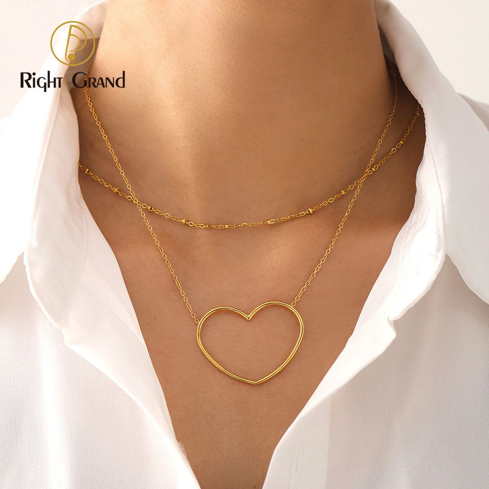 Right Grand Simple Women Jewelry Stainless Steel Double Layer Pvd Gold Plated Big Hollow Heart Pendant Necklace