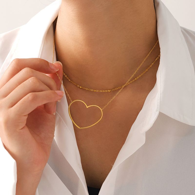 Right Grand Simple Women Jewelry Stainless Steel Double Layer Pvd Gold Plated Big Hollow Heart Pendant Necklace