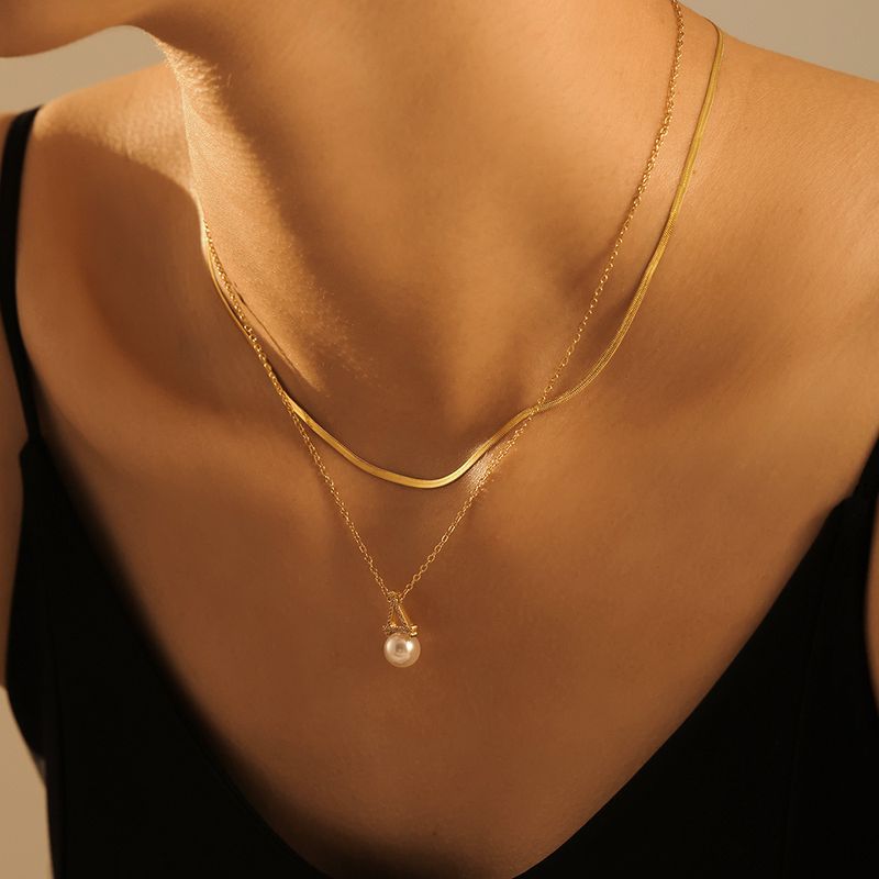 Right Grand New Simple Stainless Steel Snake Chain Pvd Gold Plated Fashion Layered Pearl Necklaces