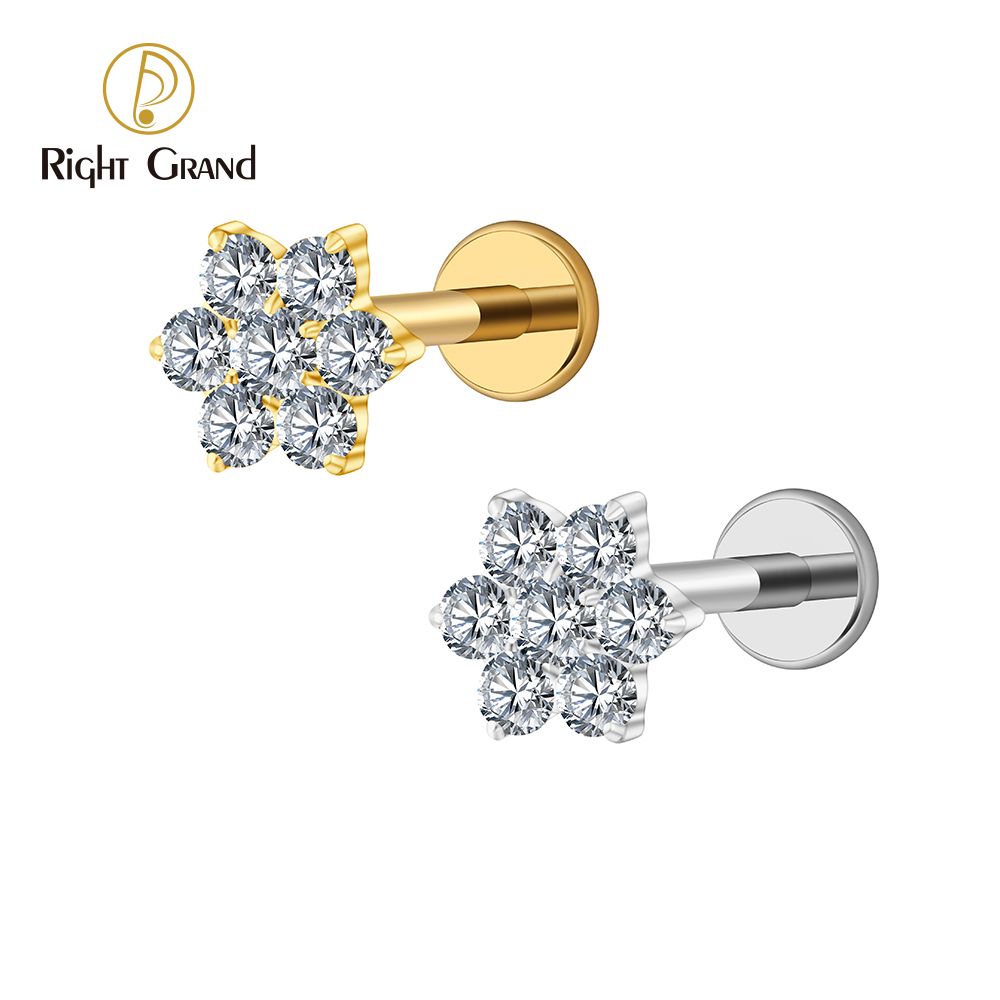 Right Grand ASTM F136 Titanium 16G Internal Thread  Tiny Flower CZ Stud Earring Tragus Helix Rook Conch Labret Stud Flat back Cartilage Piercing