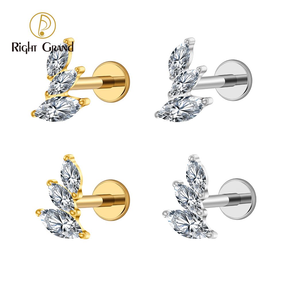 Right Grand ASTM F136 Titanium 16G Internal Thread Cluster Marquise CZ Tragus Helix Stud Conch Lobe Rook Cartilage Leaf Climber Flat Back Labret Stud Nose Piercing