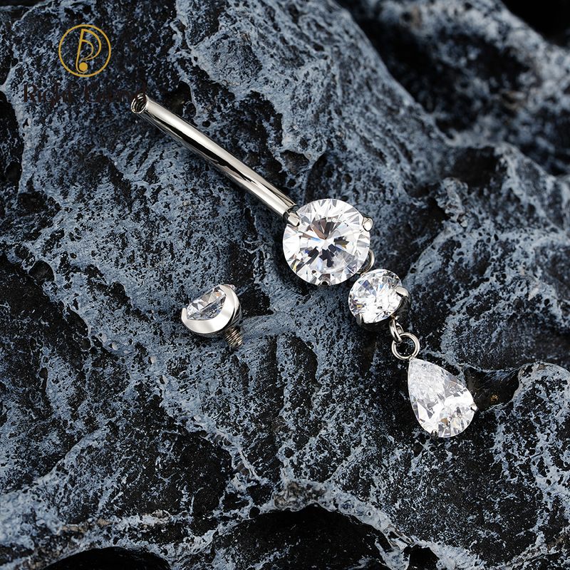 Right Grand ASTM F136 Titanium 14G Teardrop CZ Dangle Belly Button Navel Ring Dangling CZ Statement Navel Piercing Body Jewelry