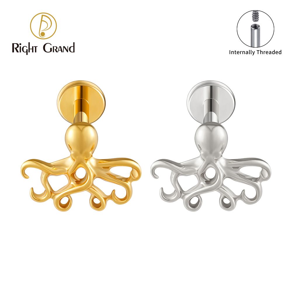 Right Grand ASTM F136 Titanium 16G Internal Thread Octopus Flat Back Labret Stud Cartilage Earring Helix Tragus Stud Nose Piercing Body Jewelry