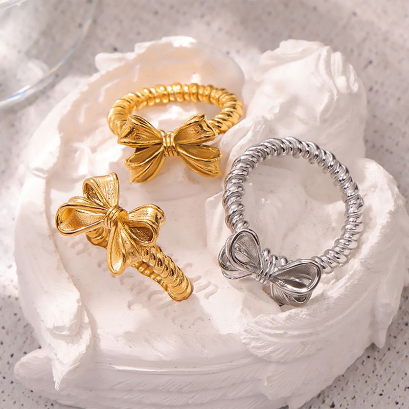 Right Grand 2024 Hot Daily Cute Style Jewelry Gold Plated Stainless Steel Fashion Bowtie Bow Knot Ring For Women Girls