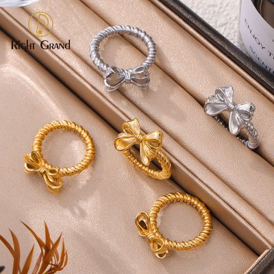 Right Grand 2024 Hot Daily Cute Style Jewelry Gold Plated Stainless Steel Fashion Bowtie Bow Knot Ring For Women Girls