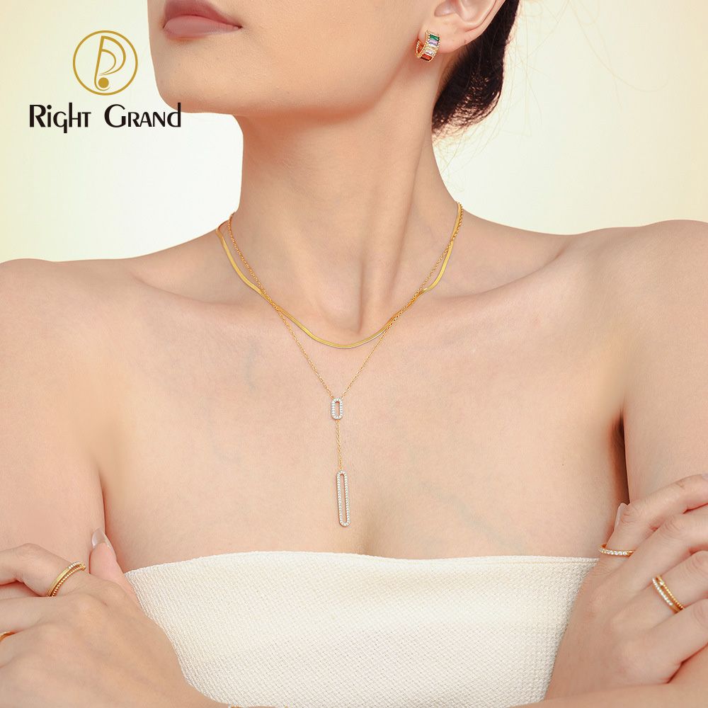 Right Grand Waterproof Double Hollow Square Buckle Zircon Splicing Full Zircon Gold Plated Stainless Steel Layer Necklaces