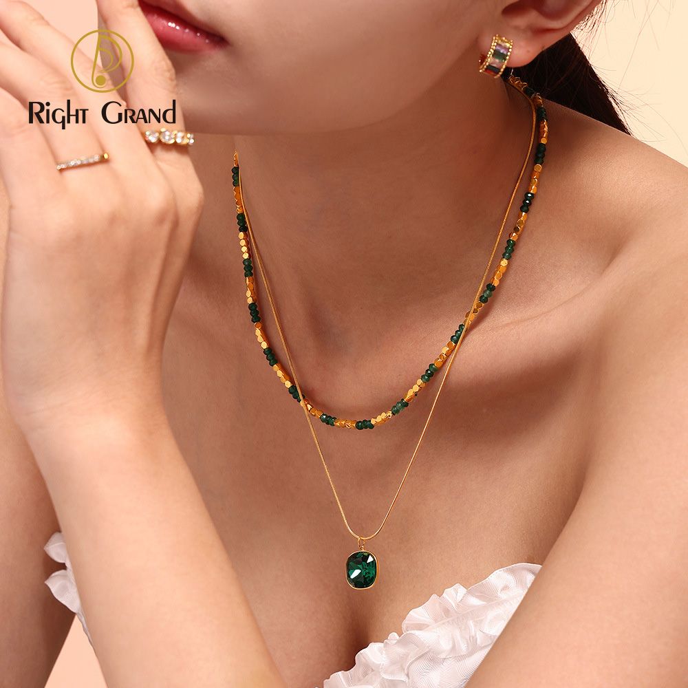 Right Grand Non Tarnish Waterproof Fashion Statement Women Jewelry Double Layer Long Gold Plated Bead Square Natural Crystal Stone Necklace