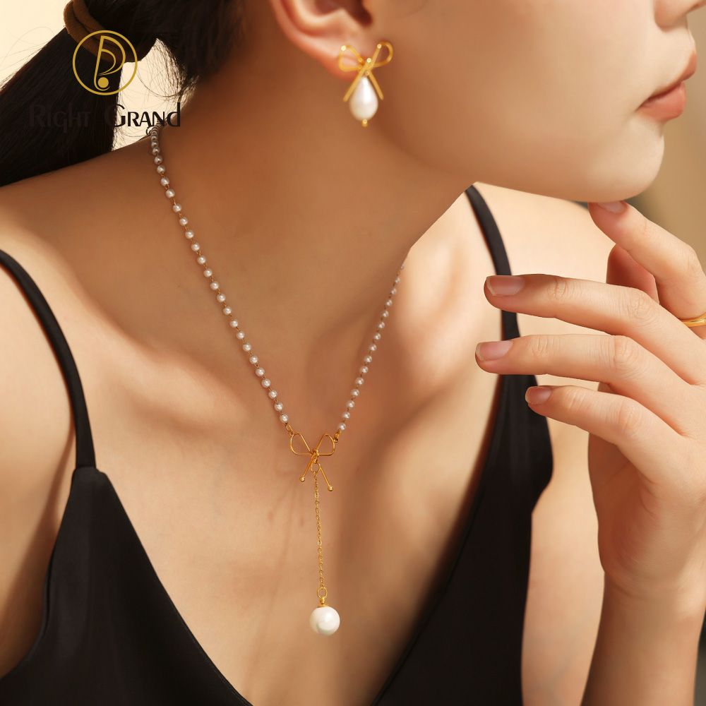 Right Grand Trendy Vintage Women Anti Tarnish Jewelry 18K Gold Plated Stainless Steel Pearl Chain Necklace