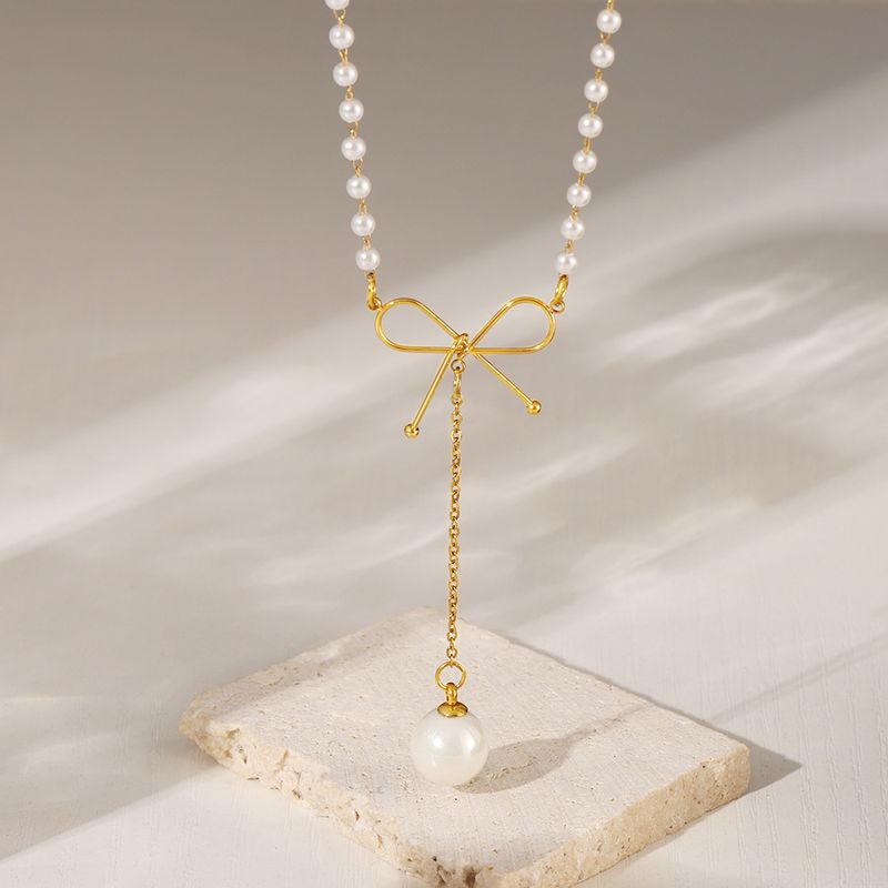 Right Grand Trendy Vintage Women Anti Tarnish Jewelry 18K Gold Plated Stainless Steel Pearl Chain Necklace