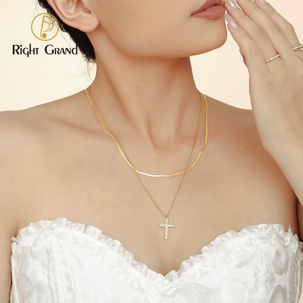 Right Grand Waterproof Double Hollow Square Buckle Zircon Splicing Full Zircon Gold Plated Stainless Steel Layer Necklaces