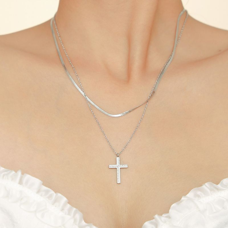 Right Grand Waterproof Double Hollow Square Buckle Zircon Splicing Full Zircon Gold Plated Stainless Steel Layer Necklaces