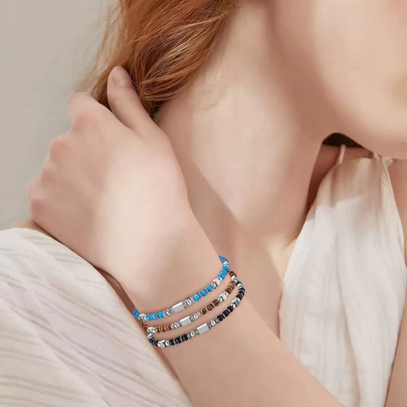 Right Grand Trendy Handmade Fashion Jewelry Stainless Steel Beaded Obsidian Volcanic Healing Mini Natural Stone Bracelets
