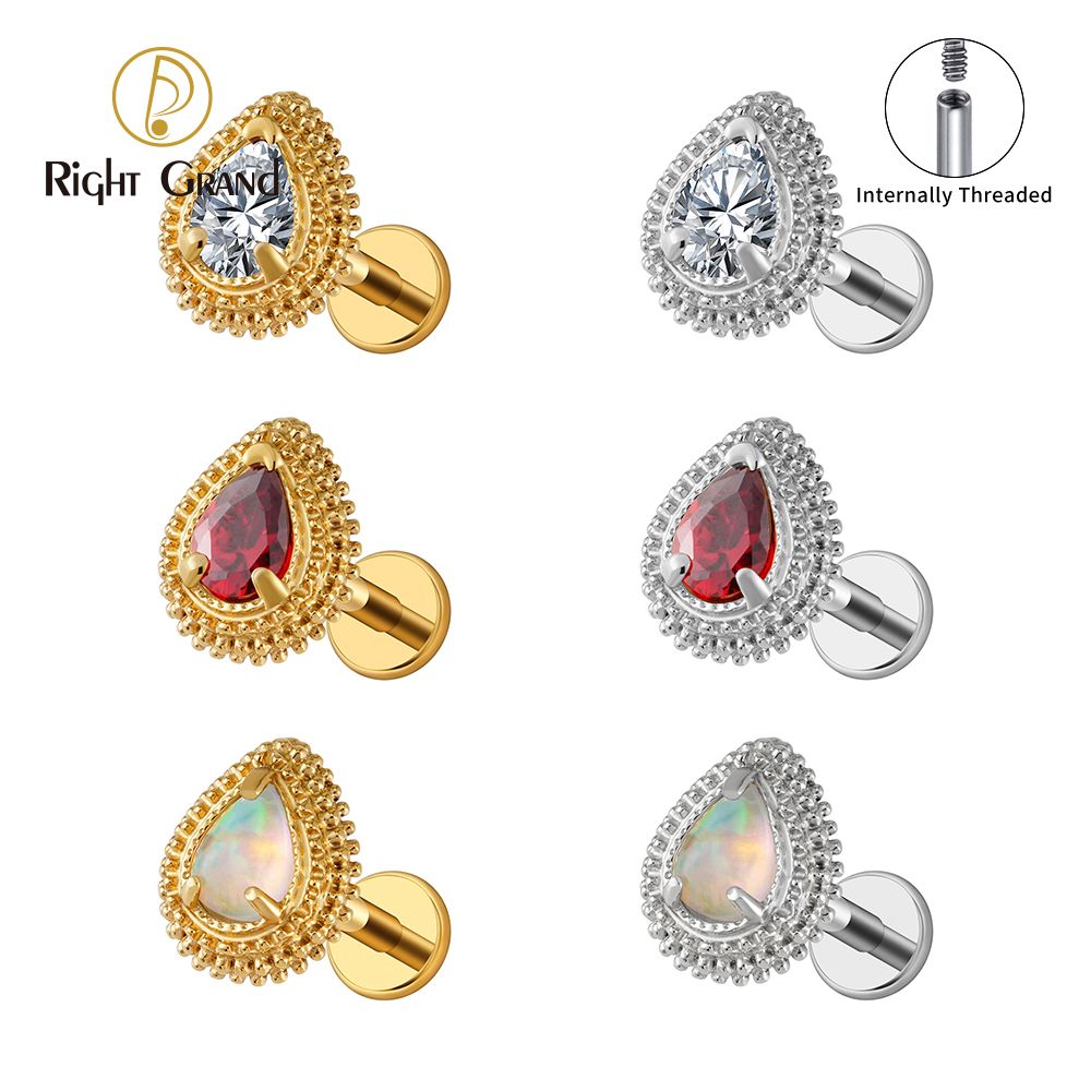 Right Grand ASTM F136 Titanium 16G Internal Thread Waterdrop Opal Garnet CZ Labret Tragus Cartilage Conch Forward Helix Stud Nose Piercing