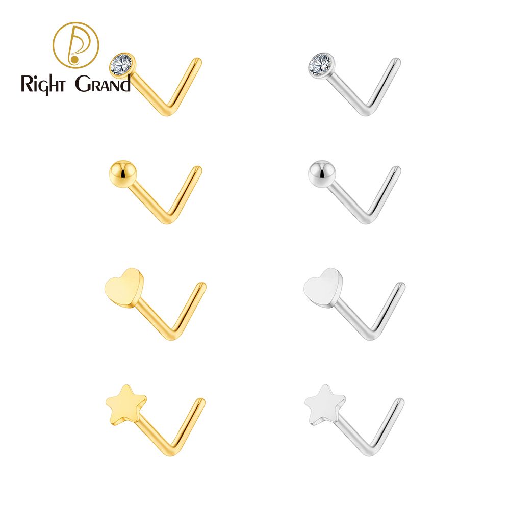 Right Grand ASTM F136 Titanium 20G L-Shaped Nose Nostril Stud Piercing Jewerly CZ/Ball/Heart/Star Nose Screw Stud Ring