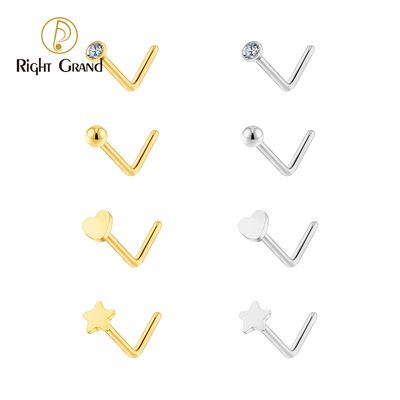 Right Grand ASTM F136 Titanium 20G L-Shaped Nose Nostril Stud Piercing Jewerly CZ/Ball/Heart/Star Nose Screw Stud Ring