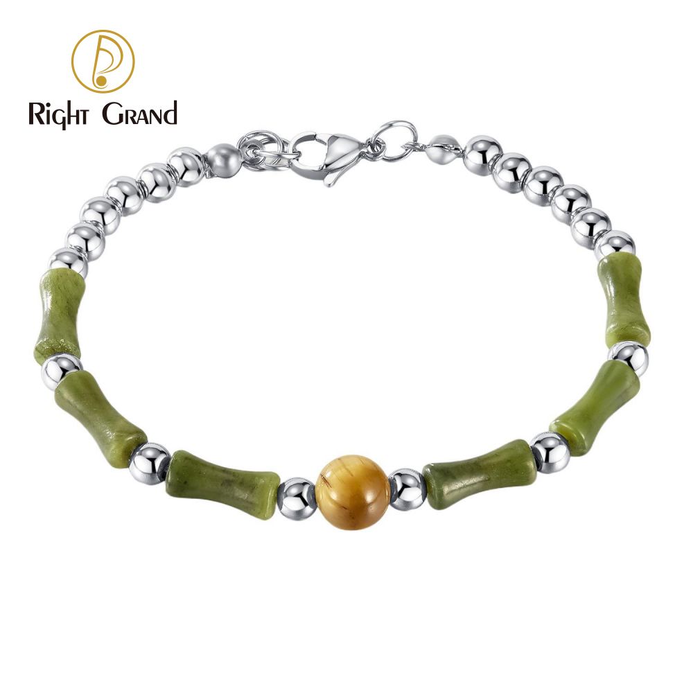 Right Grand New Arrival Delicate Wholesale Handmade Women Jewelry Stainless Steel Beads Charm Natural Stone Tigers Eye Bamboo Bracelet