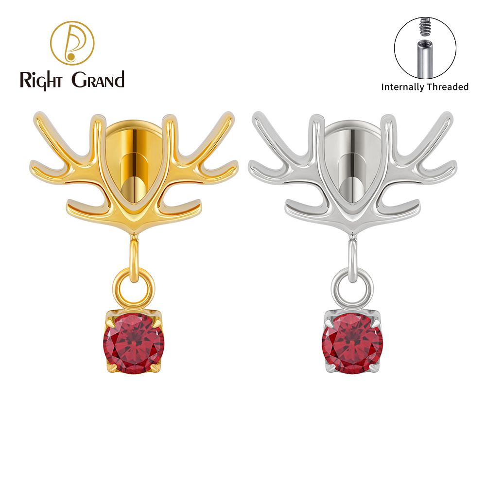 Right Grand ASTM F136 Titanium 16G Internal Thread Deer Antler Helix Earring Dangle CZ Cartilage Tragus Conch Labret Stud Piercing Christmas Jewelry