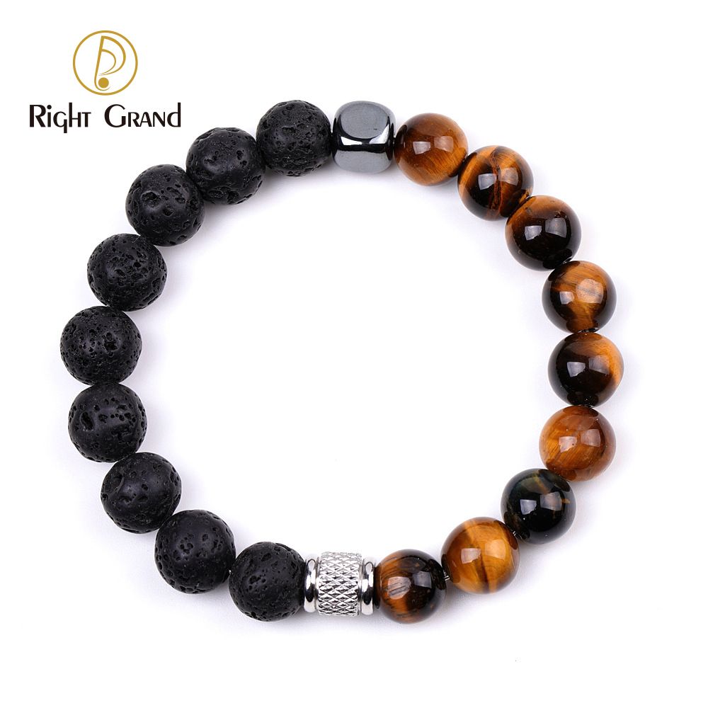 Right Grand Handmade Fashion Jewelry Women Stainless Steel Gemstone Healing Black Volcanic Bead Natural Lava Stone Tiger Eye Bracelet