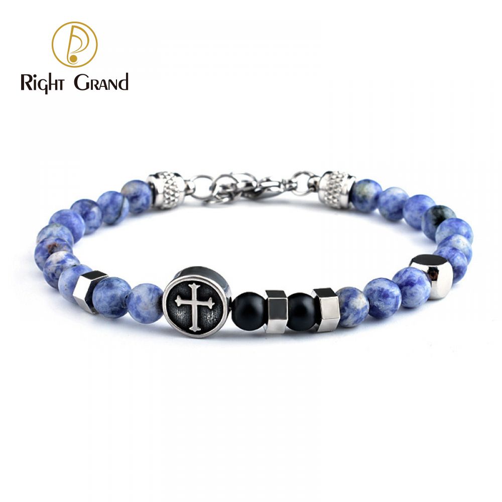 Right Grand Wholesale Handmade Personalized Stack Men Gift Jewelry Spiritual Cross Bead Charm Onyx Peacock Agate Natural Gems Stone Bracelet