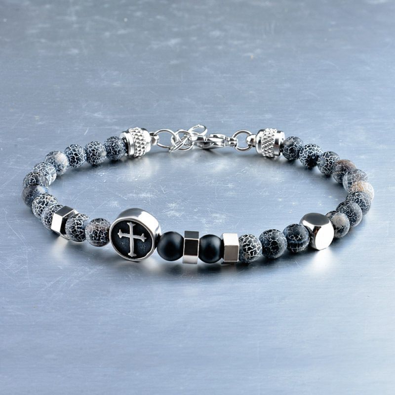 Right Grand Wholesale Handmade Personalized Stack Men Gift Jewelry Spiritual Cross Bead Charm Onyx Peacock Agate Natural Gems Stone Bracelet