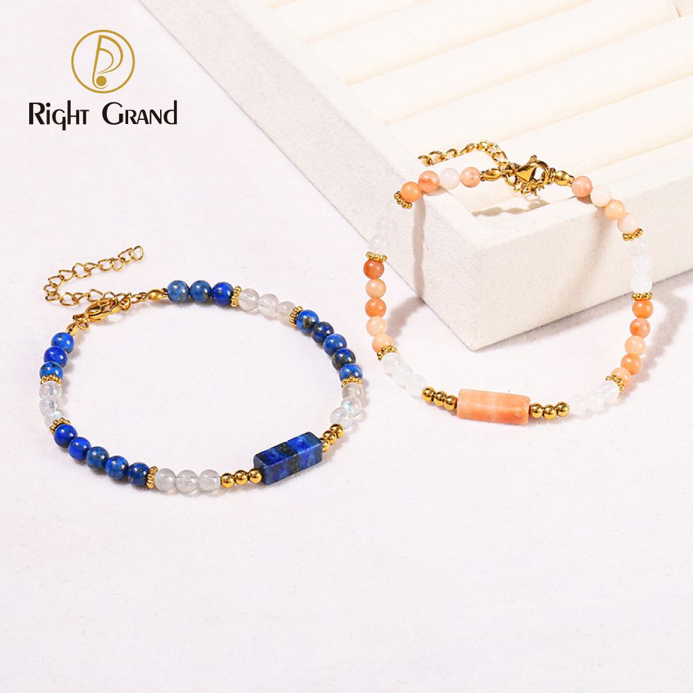 Right Grand New Fashion Stack Wholesale Handmade Women Jewelry Lapis Lazuli Square Beaded Blue Pink Natural Moonstone Gem Stone Bracelet