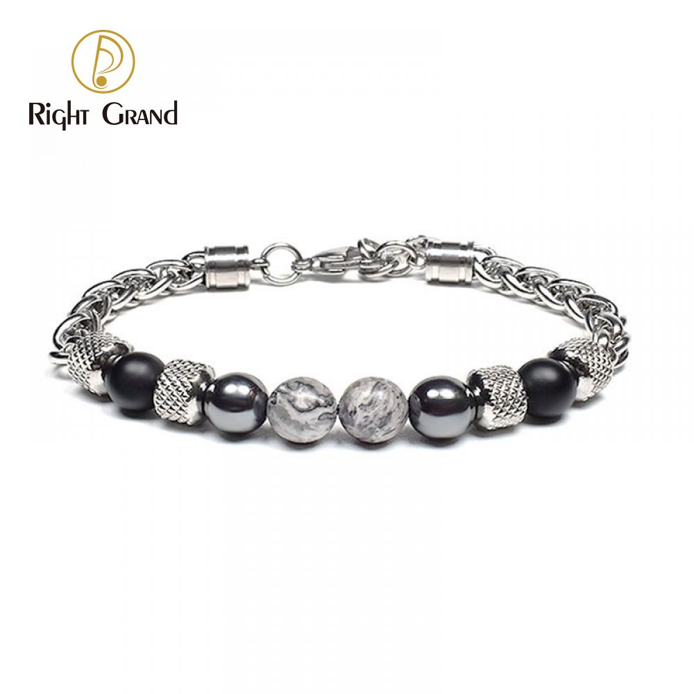 Right Grand New Handmade Fashion Natural Stone Jewelry Man Stainless Steel Gemstone Turquoise Bead Tiger Eye Adjustable Hematite Bracelet