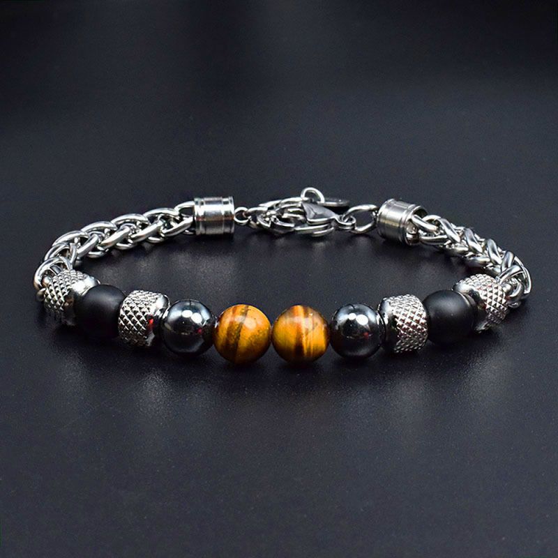 Right Grand New Handmade Fashion Natural Stone Jewelry Man Stainless Steel Gemstone Turquoise Bead Tiger Eye Adjustable Hematite Bracelet