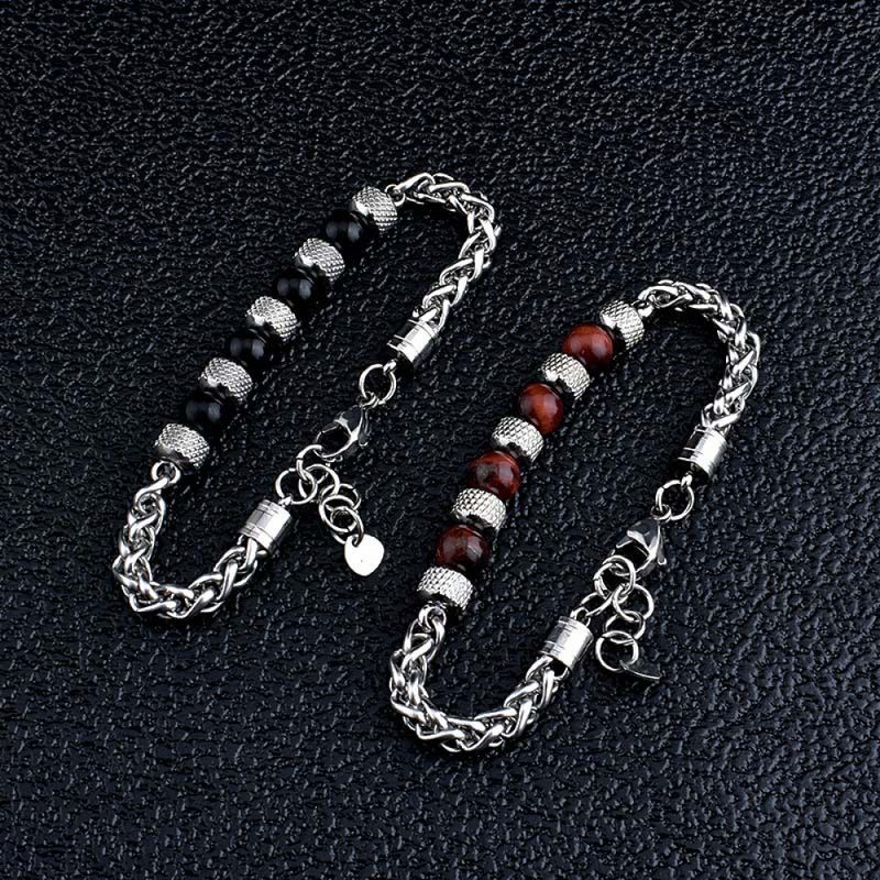 Right Grand Wholesale Handmade Fashion Jewelry Boys Men Stainless Steel Gemstone Bead Natural Stone Black Blue Tiger Eye Bracelet