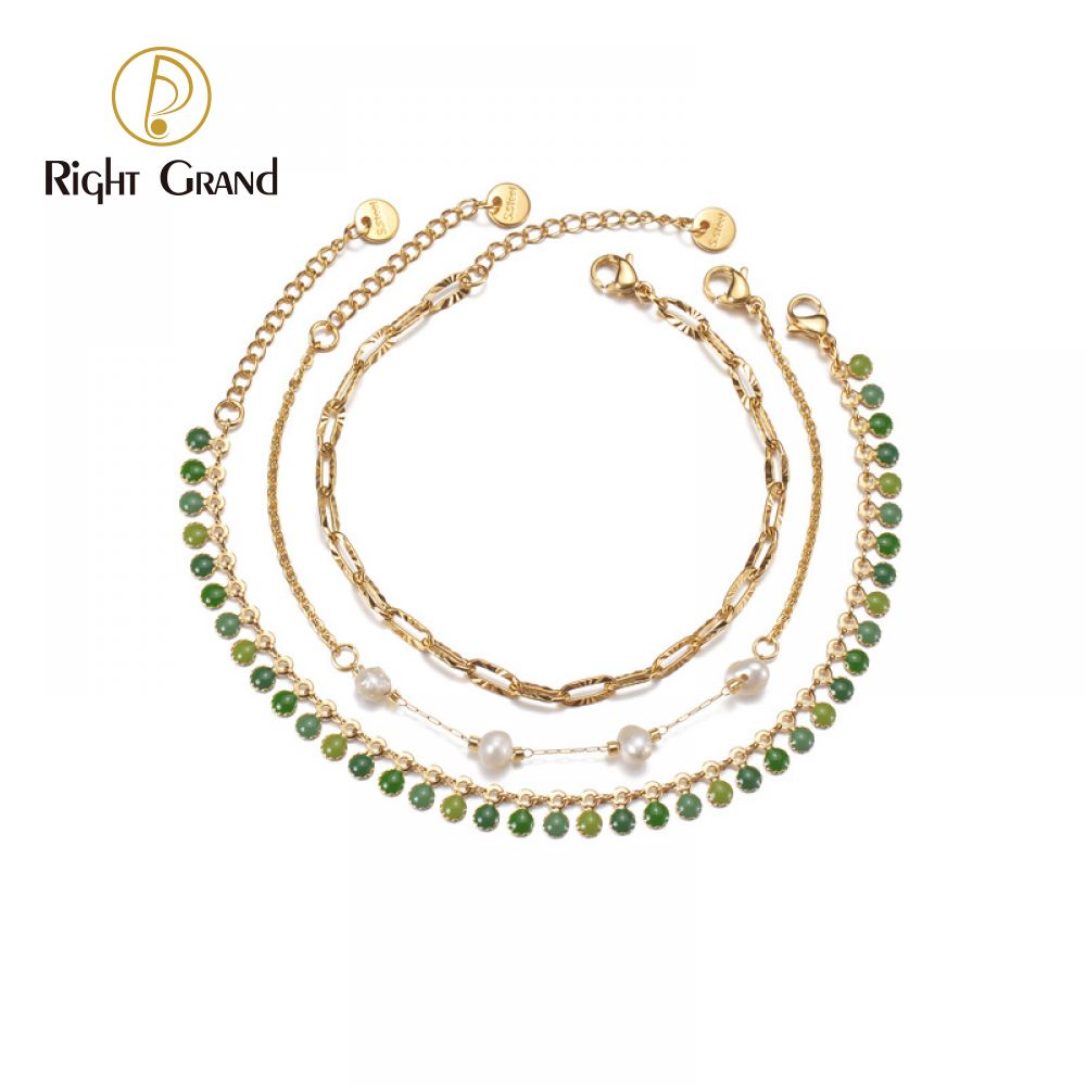 Right Grand Wholesale Vintage New Fashion Women Stainless Steel Jewelry 14K Gold Plated Link Chain Dangle Enamel Beads Multi Layer Bracelet