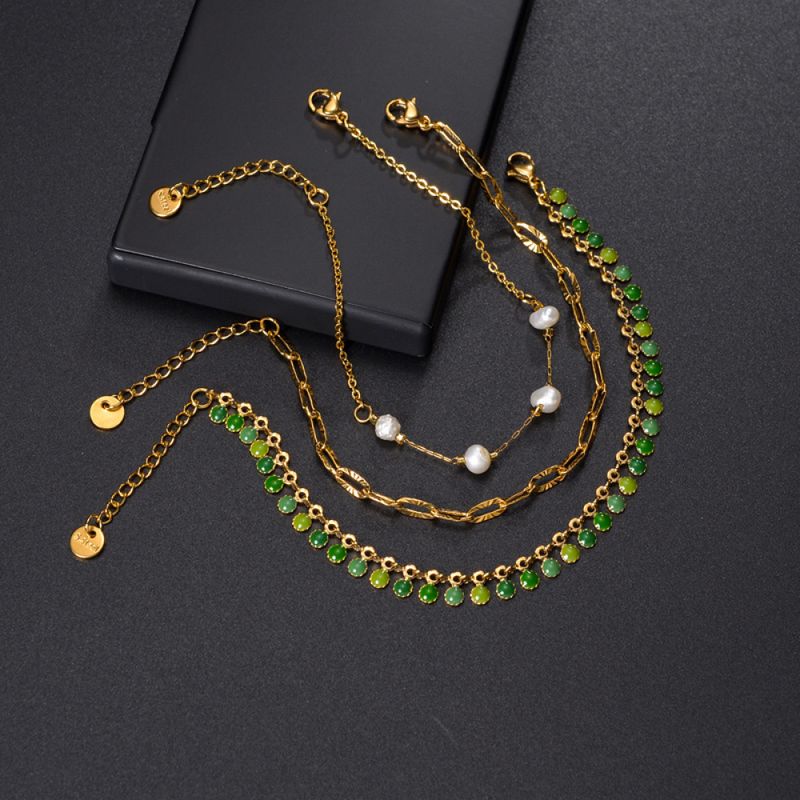 Right Grand Wholesale Vintage New Fashion Women Stainless Steel Jewelry 14K Gold Plated Link Chain Dangle Enamel Beads Multi Layer Bracelet