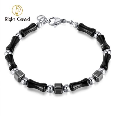Right Grand New Trendy Wholesale Minimalist Women Men Jewelry Stainless Steel Natural Stone Hematite Gemstone Bamboo Bracelet