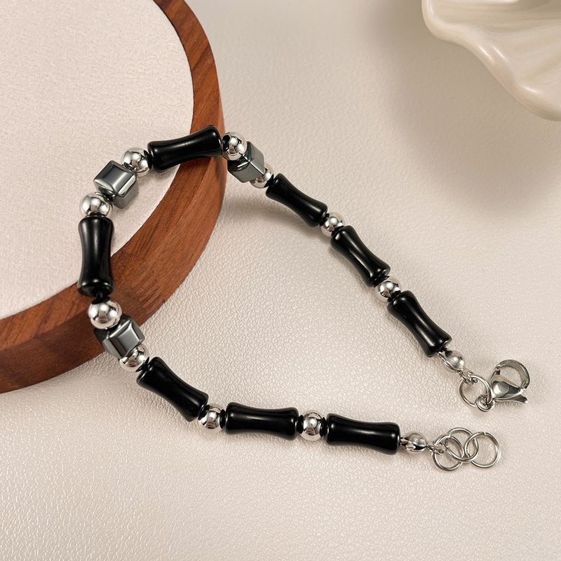 Right Grand New Trendy Wholesale Minimalist Women Men Jewelry Stainless Steel Natural Stone Hematite Gemstone Bamboo Bracelet