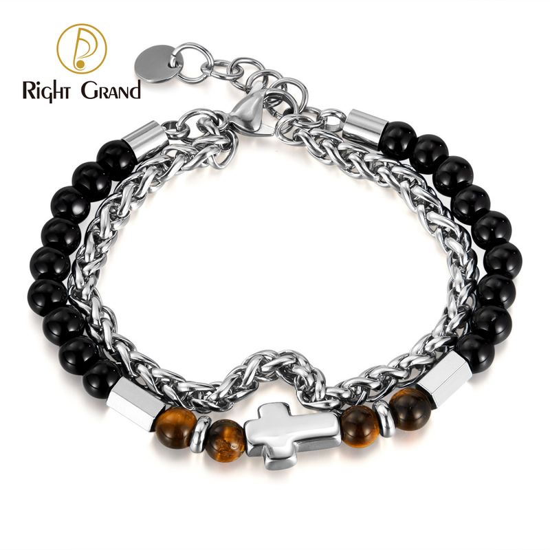 Right Grand Fashion Jewelry Stainless Steel Cross Charm Double Layer Natural Stone Tiger Eye Handmade Beaded Bracelets
