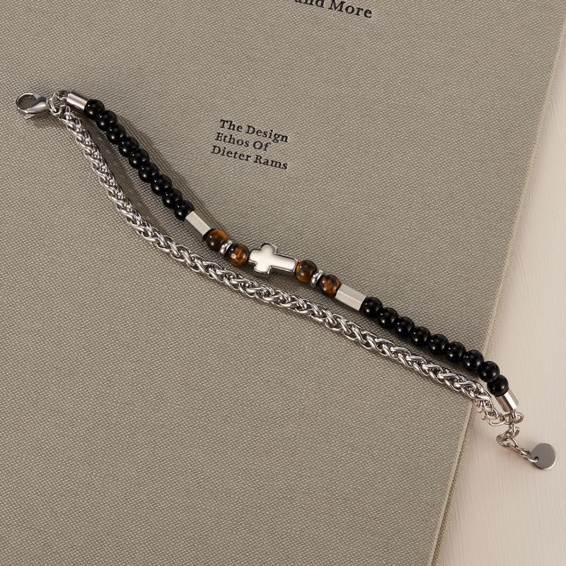 Right Grand Fashion Jewelry Stainless Steel Cross Charm Double Layer Natural Stone Tiger Eye Handmade Beaded Bracelets