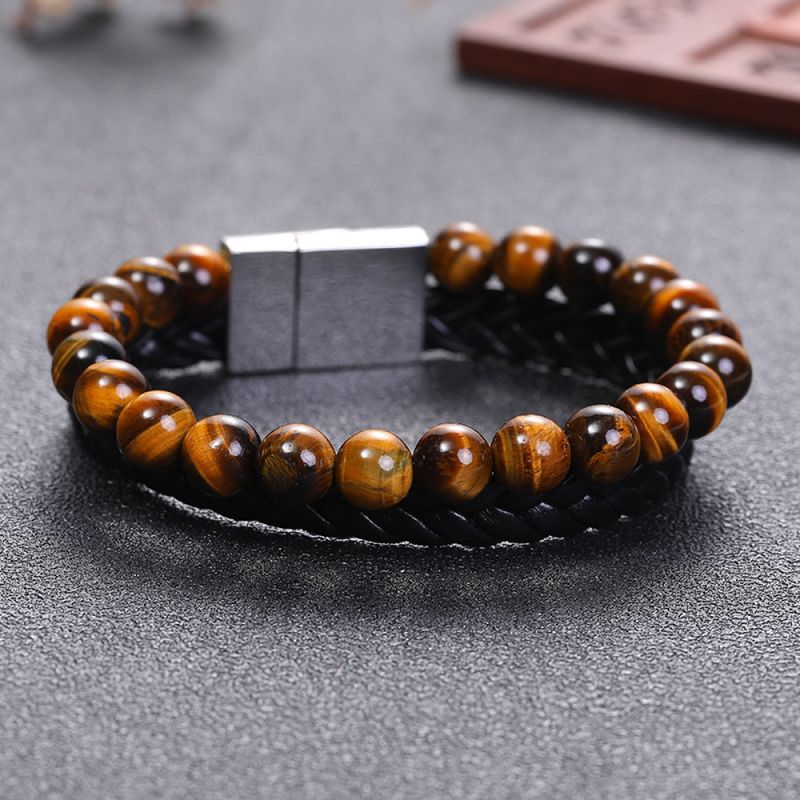 Right Grand Vintage Popular Fashion Jewelry Double Layer Magnetic Clap Beaded Natural Stone Tiger Eye Braided Leather Bracelet