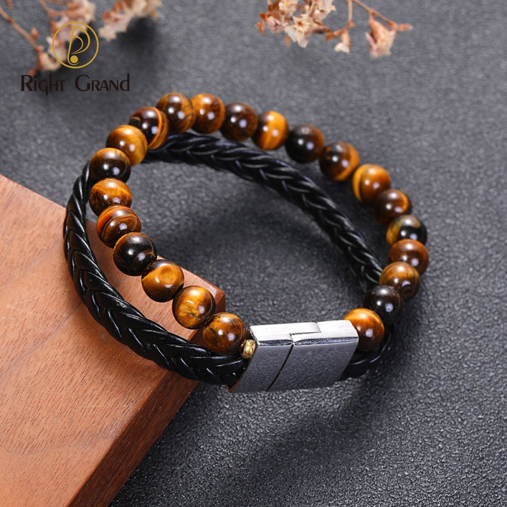 Right Grand Vintage Popular Fashion Jewelry Double Layer Magnetic Clap Beaded Natural Stone Tiger Eye Braided Leather Bracelet