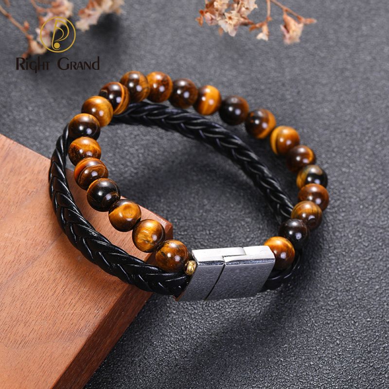 Right Grand Vintage Popular Fashion Jewelry Double Layer Magnetic Clap Beaded Natural Stone Tiger Eye Braided Leather Bracelet