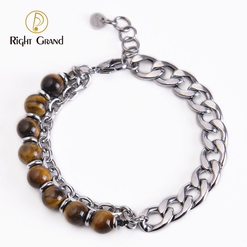 Right Grand Fashion Jewelry Gift Stainless Steel Natural Volcanic Lava Stone Tiger Eye Link Chain Beaded Bracelets