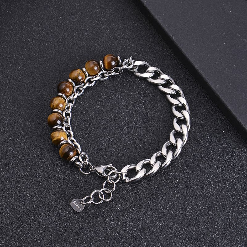Right Grand Fashion Jewelry Gift Stainless Steel Natural Volcanic Lava Stone Tiger Eye Link Chain Beaded Bracelets