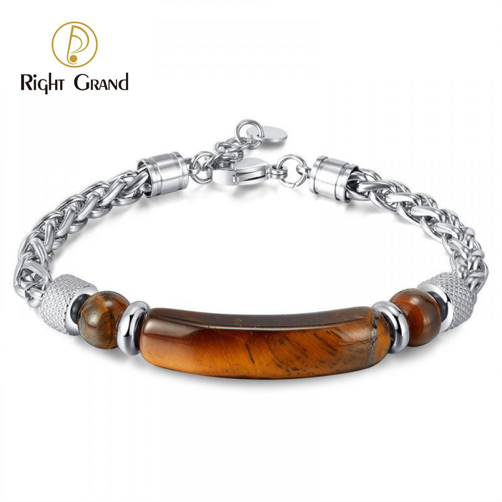 Right Grand High Quality Luxury Fashion Retro Boys Jewelry Stainless Steel Chain Stitching Natural Stone Beads Tiger Eye Bracelet