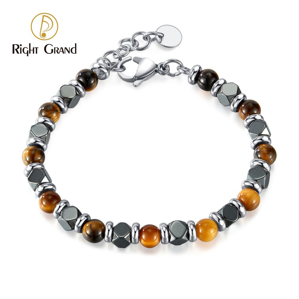 Right Grand Simple Delicate Fashion Jewelry Man Stainless Steel Spliced Gemstone Natural Beads Black Gallstone Tiger Eye Hematite Bracelet