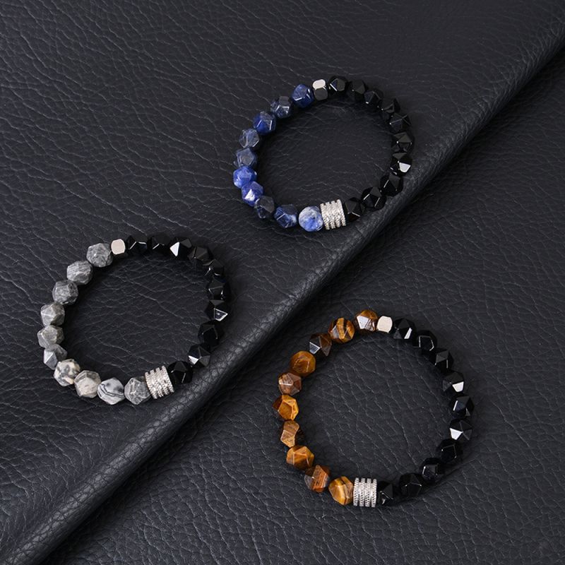 Right Grand Fashion Jewelry Men Stainless Steel Stretch Healing Crystal Gemstone Natural Beads Tiger Eye Black Obsidian Bracelet