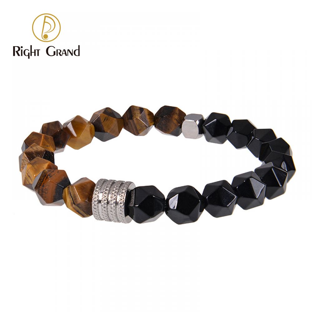 Right Grand Fashion Jewelry Men Stainless Steel Stretch Healing Crystal Gemstone Natural Beads Tiger Eye Black Obsidian Bracelet