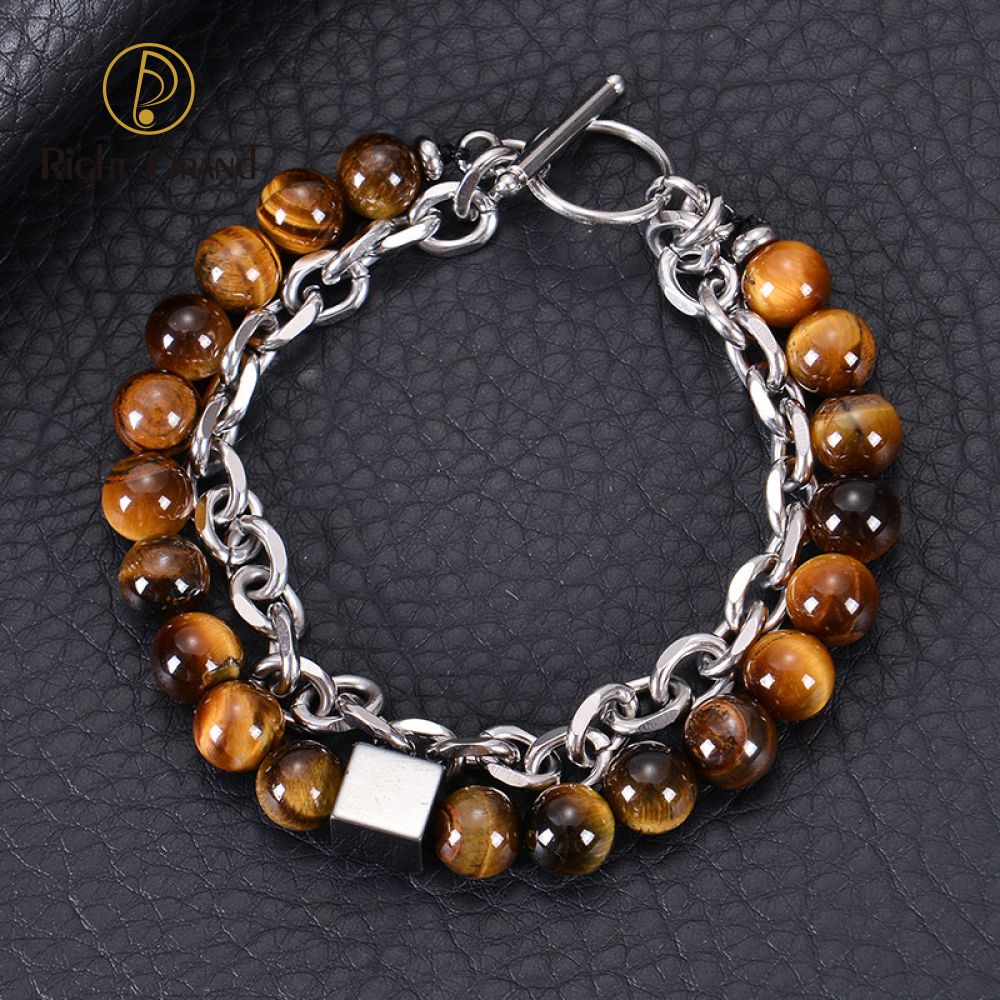 Right Grand Fashion Jewelry Stainless Steel Double Layer Link Chain Natural Stone Obsidian Tiger Eye Handmade Beaded Bracelets