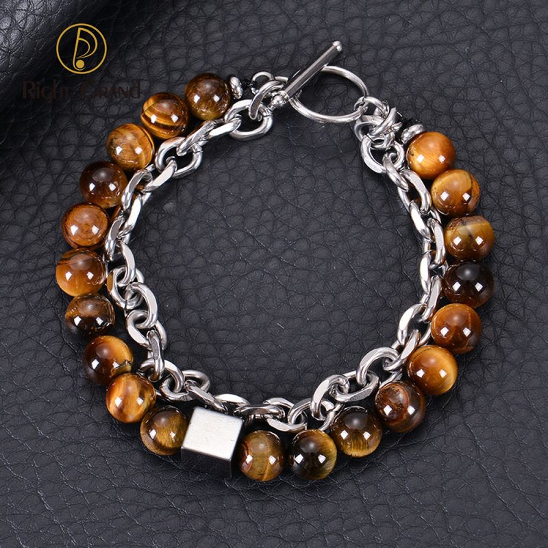 Right Grand Fashion Jewelry Stainless Steel Double Layer Link Chain Natural Stone Obsidian Tiger Eye Handmade Beaded Bracelets