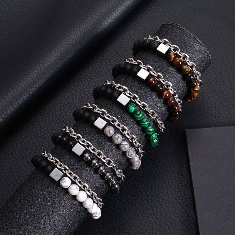 Right Grand Fashion Jewelry Stainless Steel Double Layer Link Chain Natural Stone Obsidian Tiger Eye Handmade Beaded Bracelets