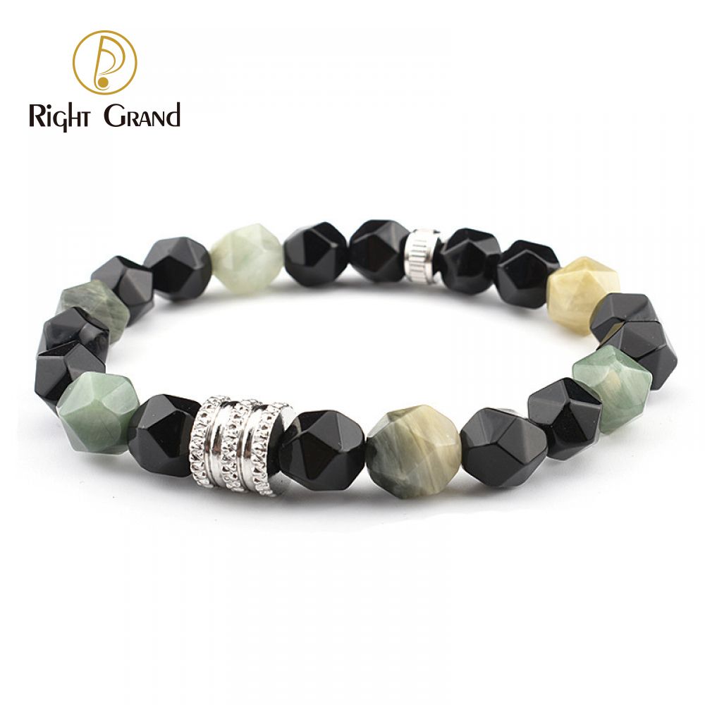 Right Grand Handmade Fashion Luxury Jewelry Stainless Steel Multi Color Faceted Mixed Agate Men Beads Natural Stone Bracelet